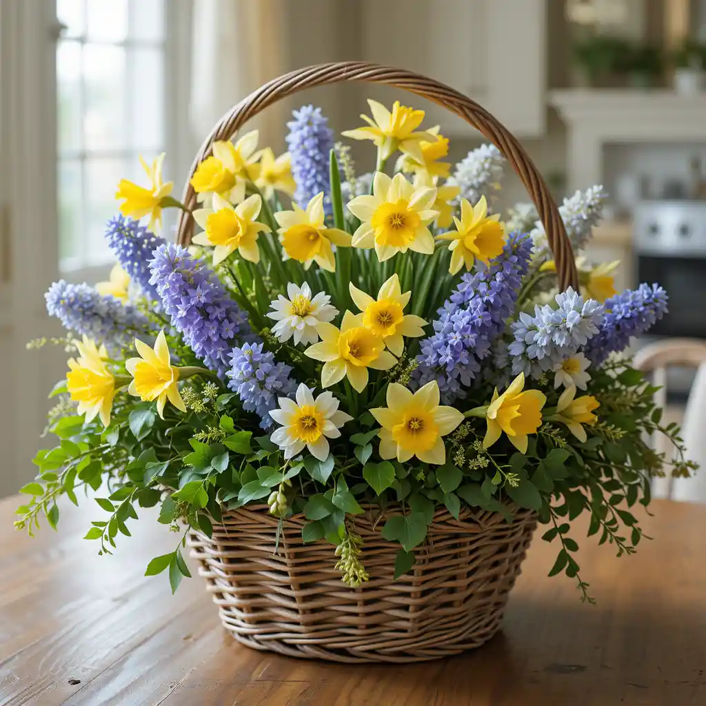 Wicker Basket with Spring Blooms