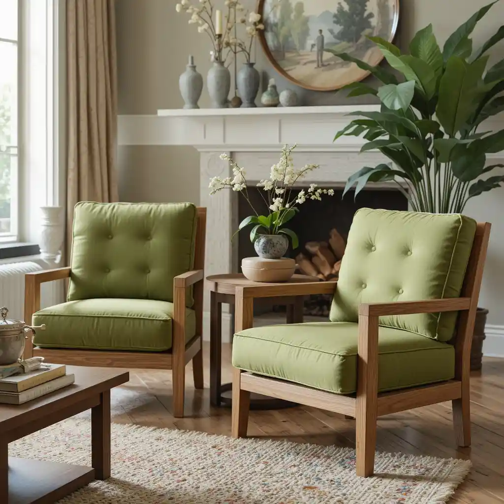Wooden Accent Chairs with Green Fabric Upholstery