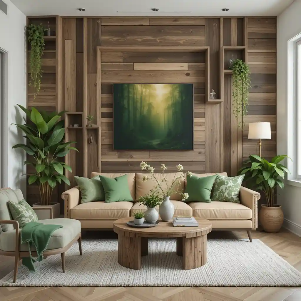 Wooden Accent Wall with Green Decor