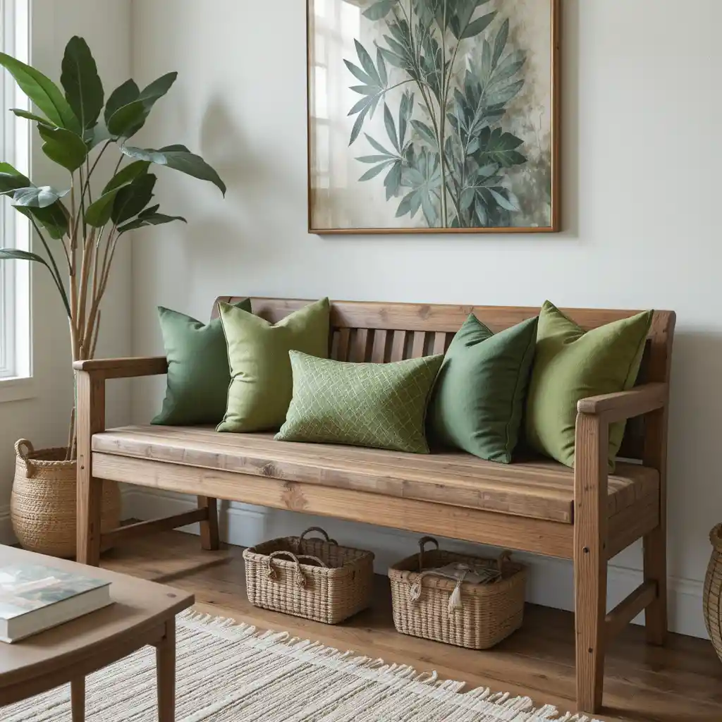 Wooden Bench with Green Accent Pillows