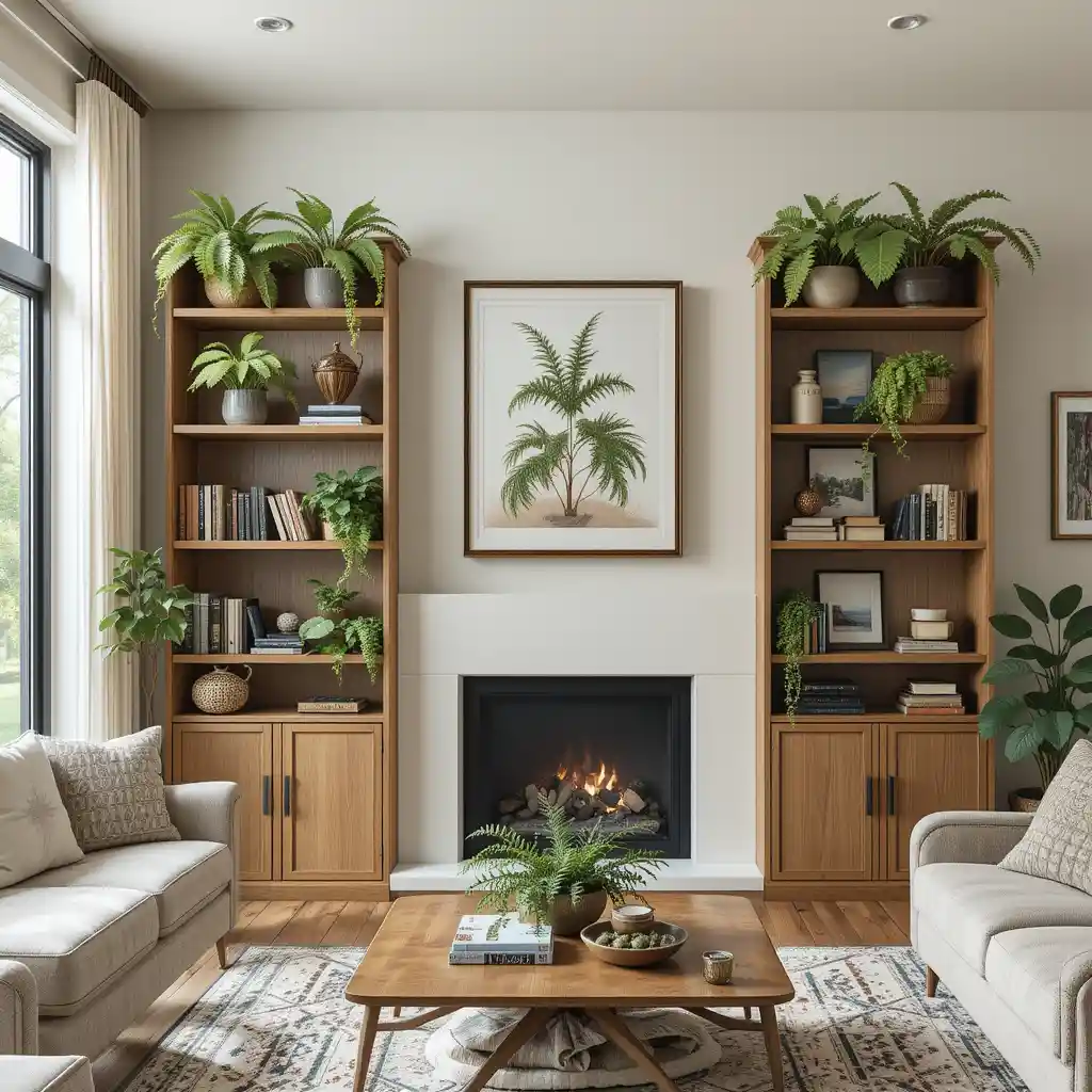 Wooden Bookshelves with Potted Ferns