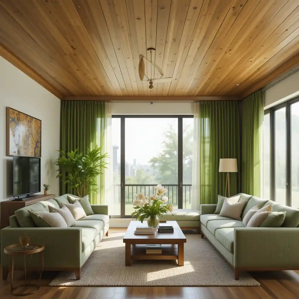 Wooden Ceiling with Green Curtains