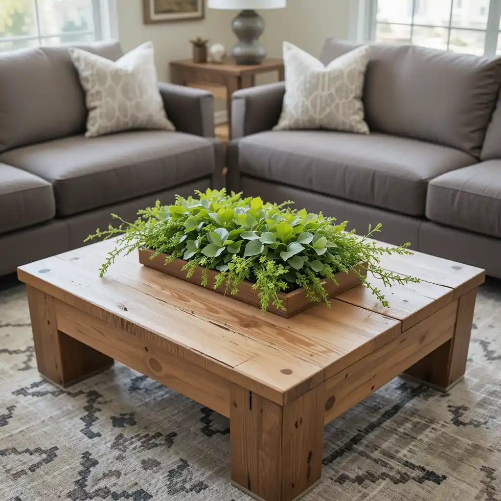 Wooden Coffee Table with Greenery Centerpiece
