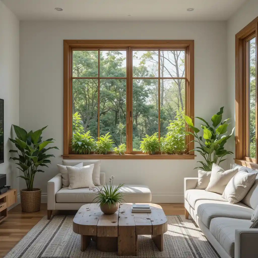 Wooden Framed Glass Windows with Green Plants