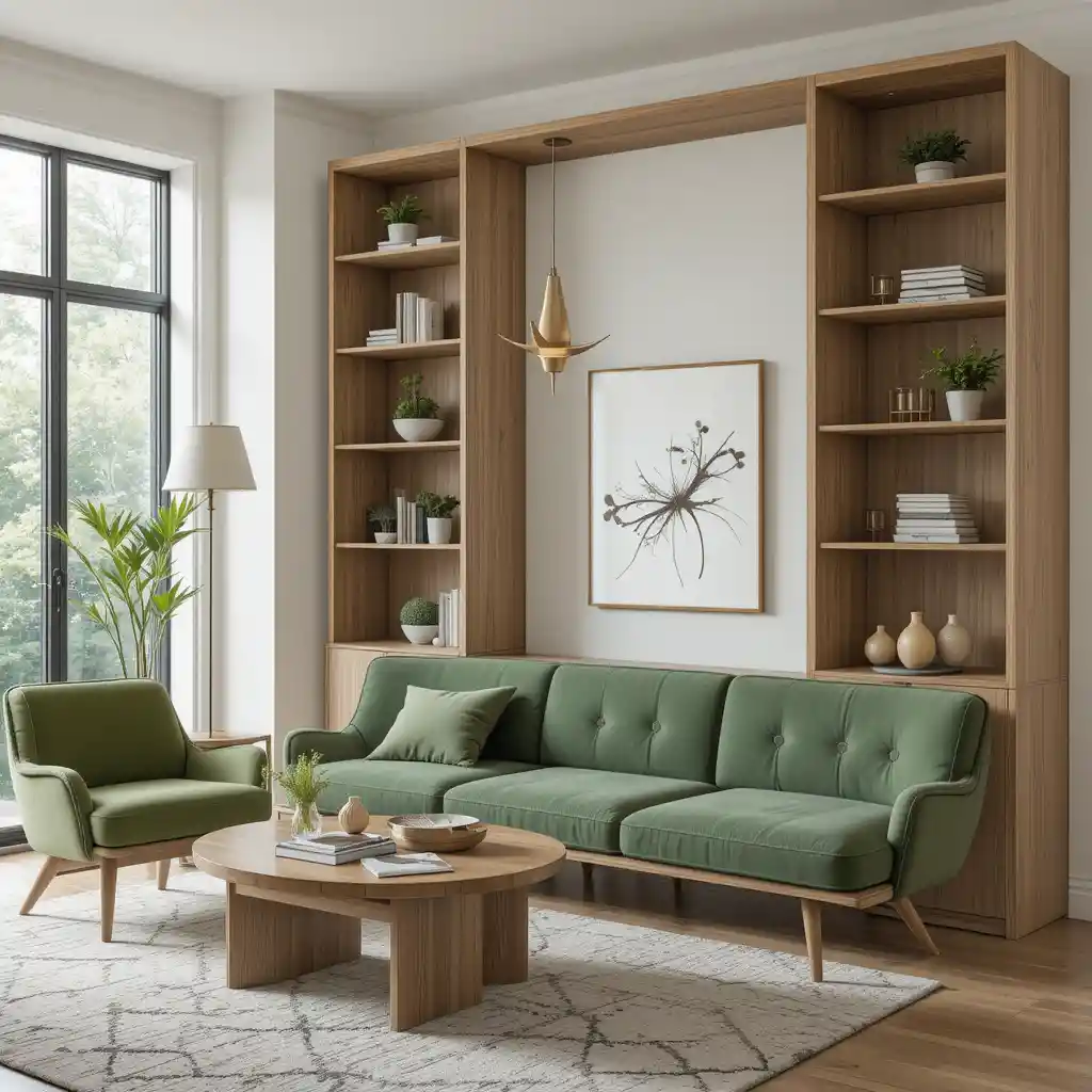 Wooden Shelving Units with Green Upholstered Seating