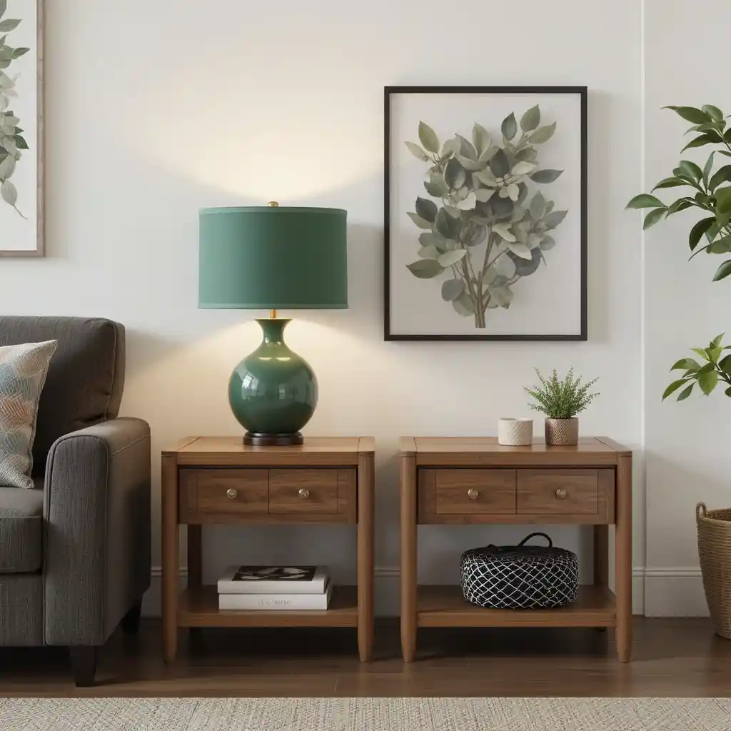 Wooden Side Tables with Green Lamps