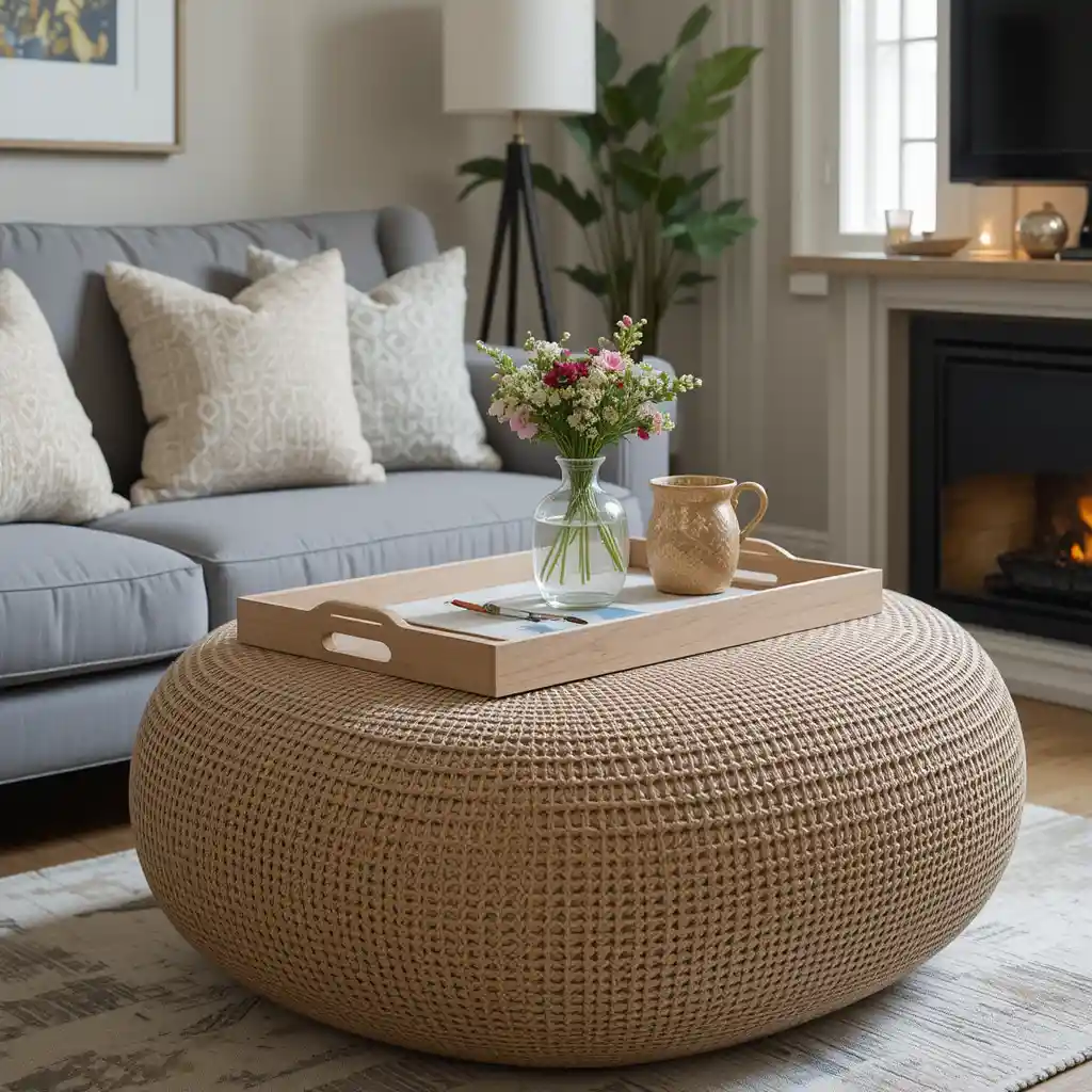 Woven Pouf as a Table Alternative