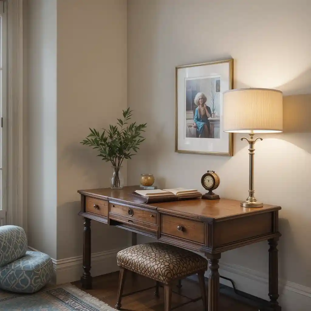 Antique Writing Desk with Contemporary Lighting