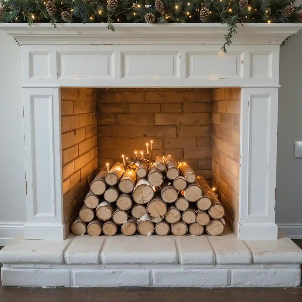 Birch Log Fireplace Display