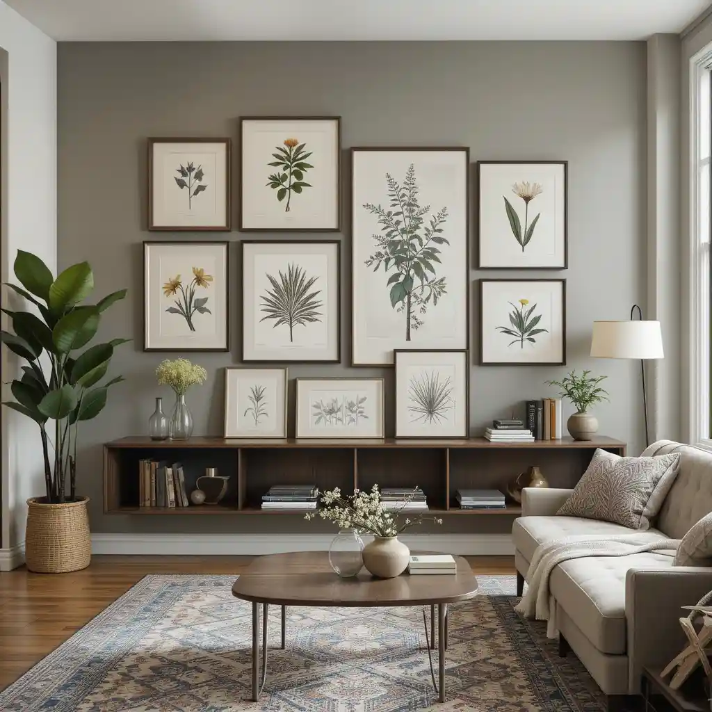Botanical Gallery Wall with Modern Shelving