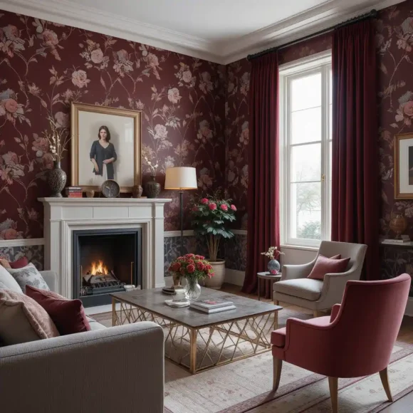Burgundy Floral Wallpaper with Velvet Drapes