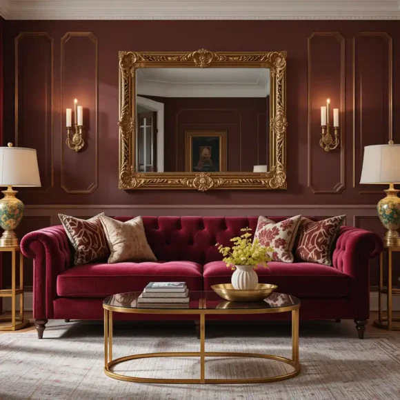 Burgundy Velvet Sofa with Gold Accents
