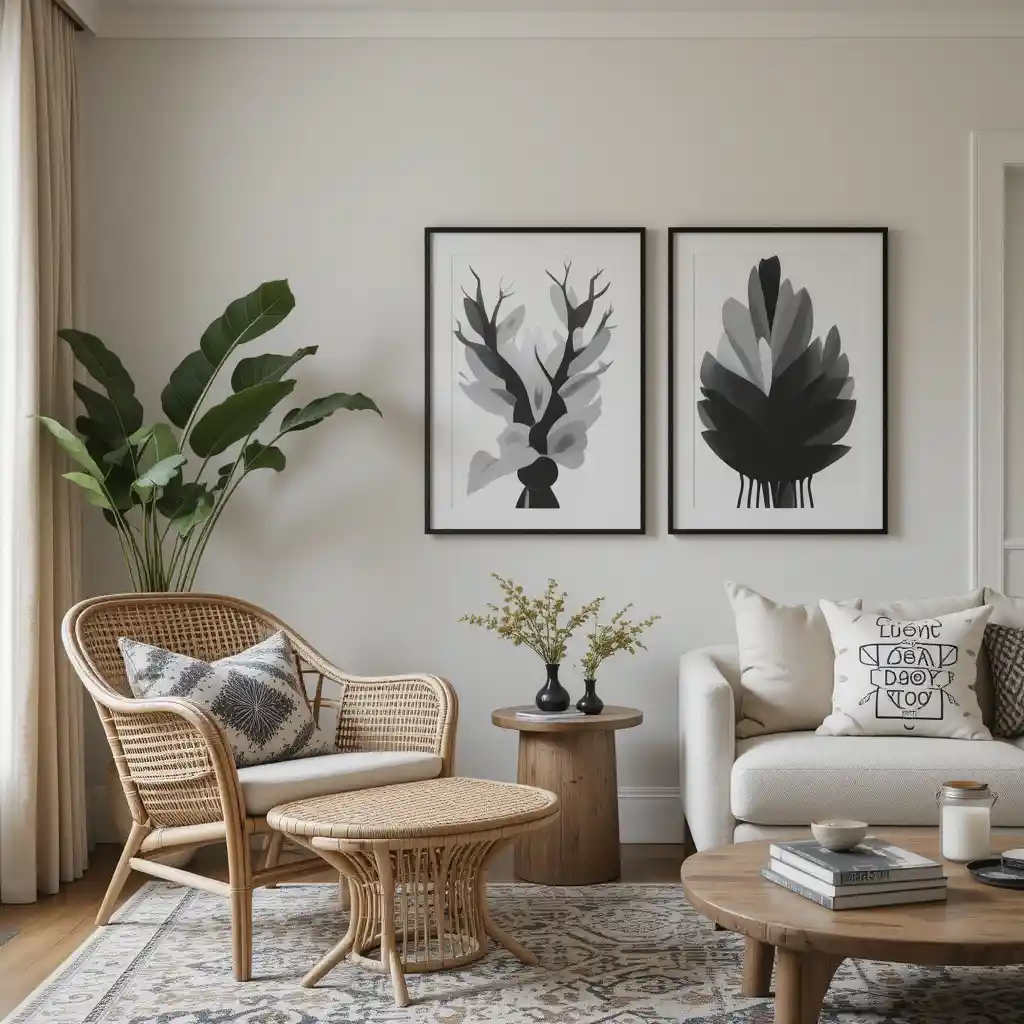 Classic Cane Furniture with Black and White Artwork