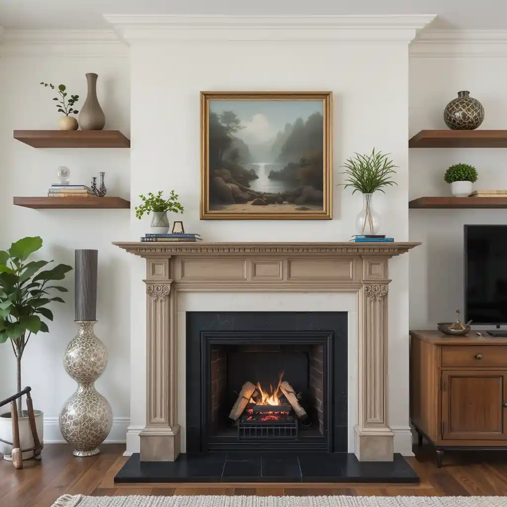 Classic Fireplace Mantel with Floating Wooden Shelves