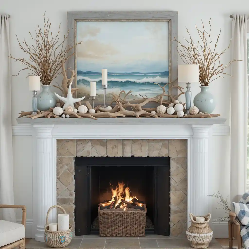 Coastal-Inspired Mantel with Driftwood Accents