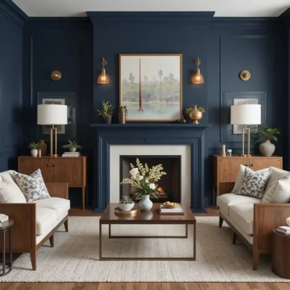 Deep Navy Walls with Warm Walnut Accents