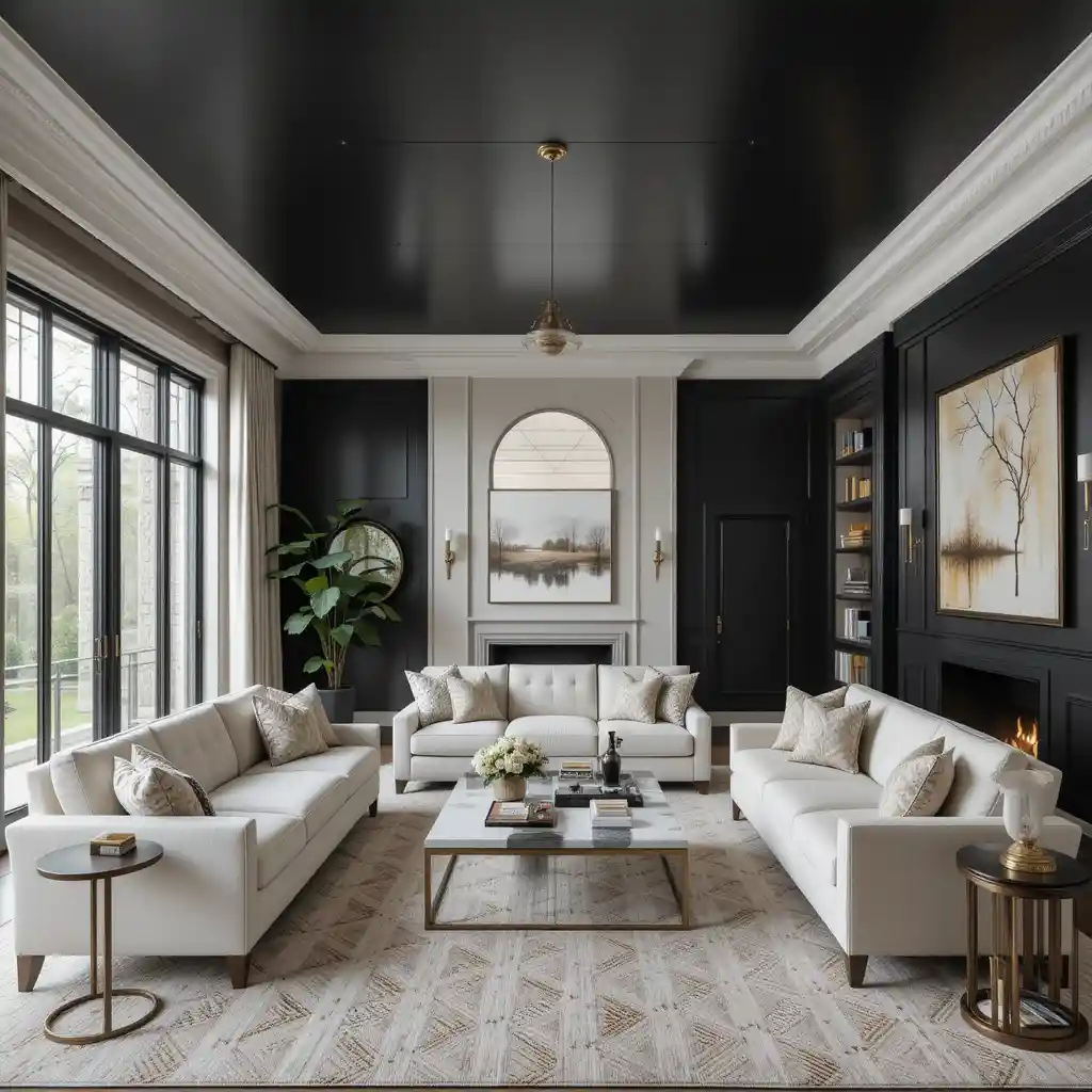 Dramatic Black Ceiling with Beige and White Contrast