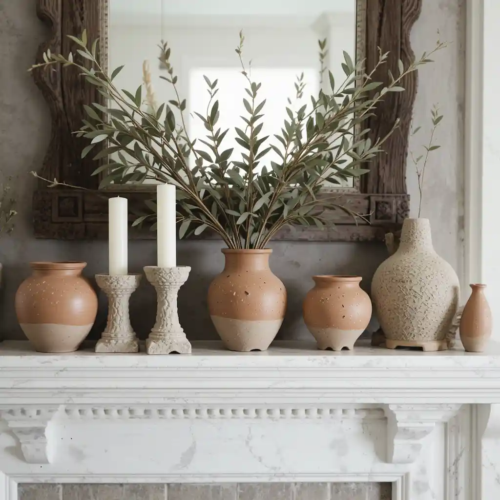 Earthy Summer Mantel with Clay and Stoneware