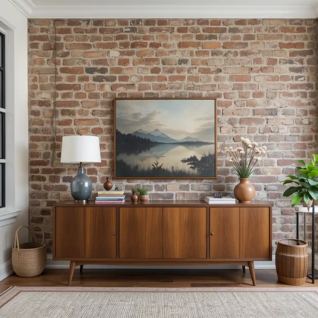 Exposed Brick Wall with Mid-Century Sideboard