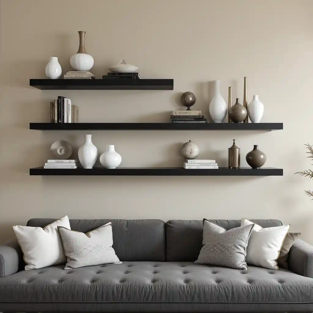 Floating Black Shelves on a Beige Accent Wall