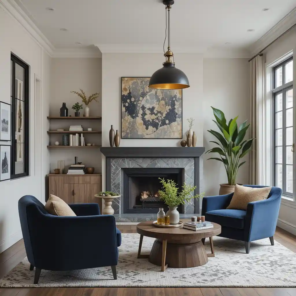 Industrial Pendant Lights with Velvet Armchairs