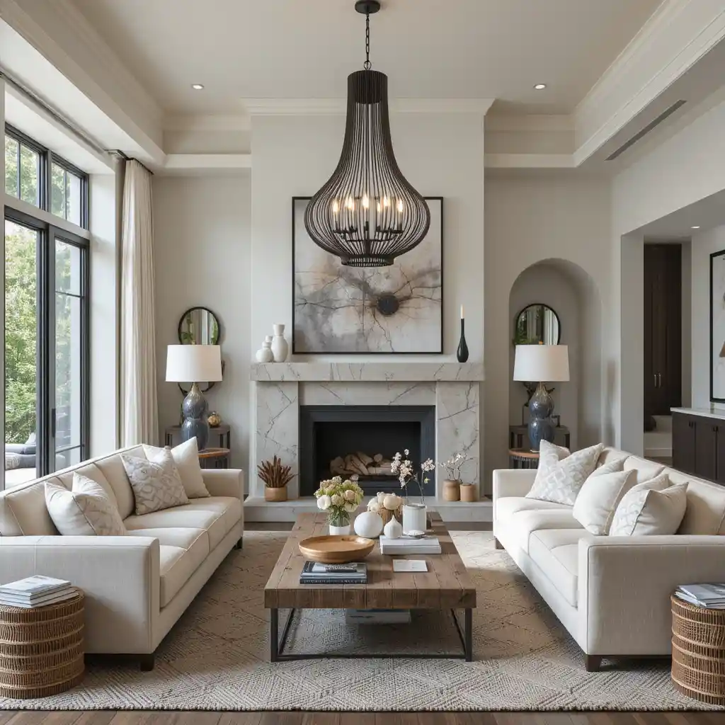 Layered Neutrals with Statement Lighting
