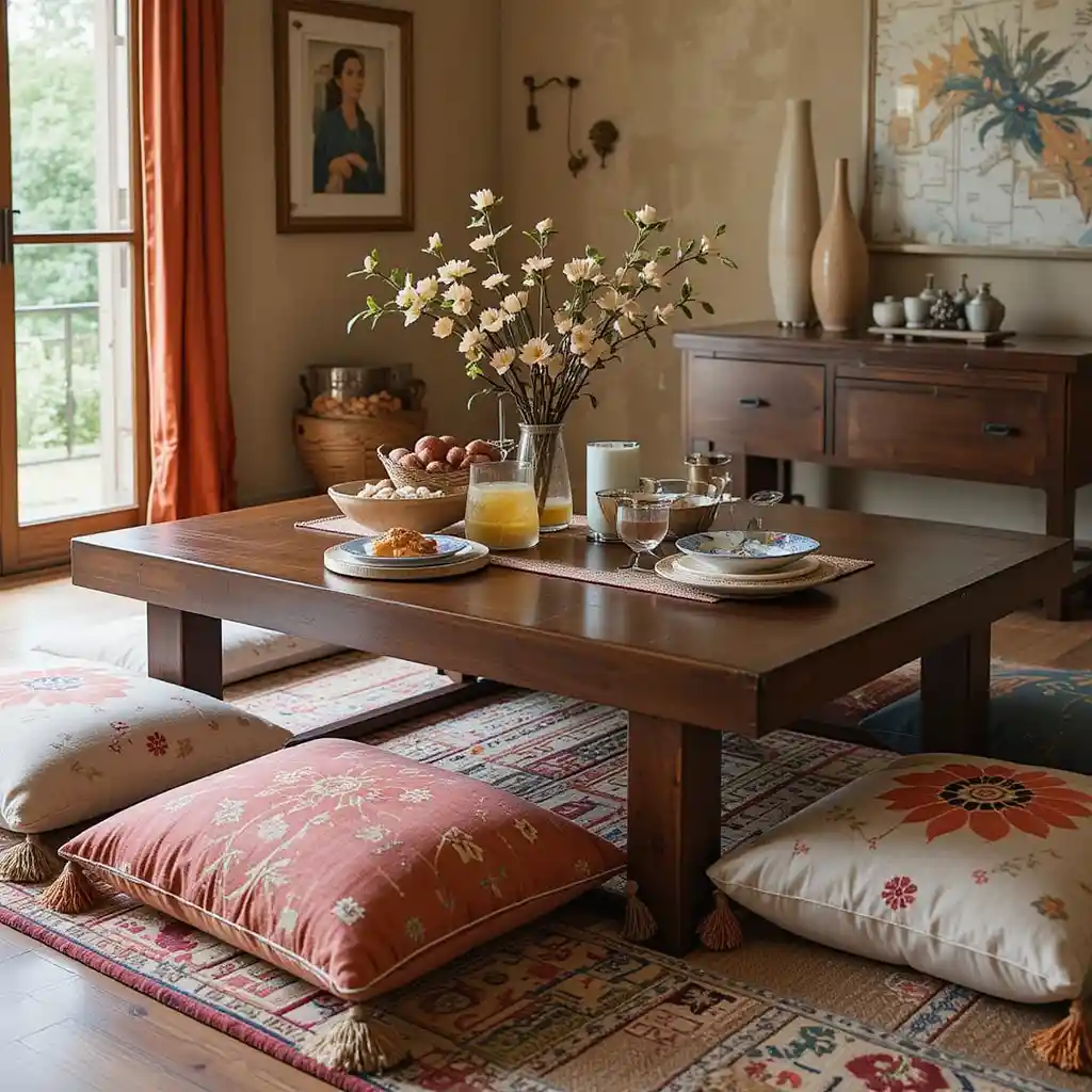 Low Dining Table with Floor Cushions