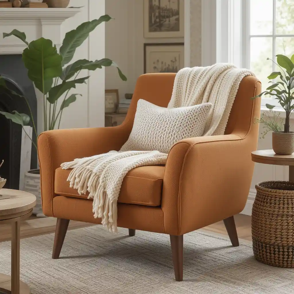 Retro-Inspired Accent Chair with Soft Contemporary Throws