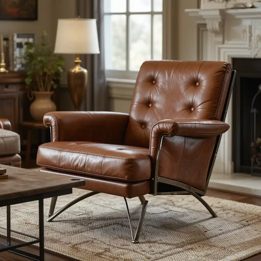 Retro Leather Lounge Chair with Metal Accents