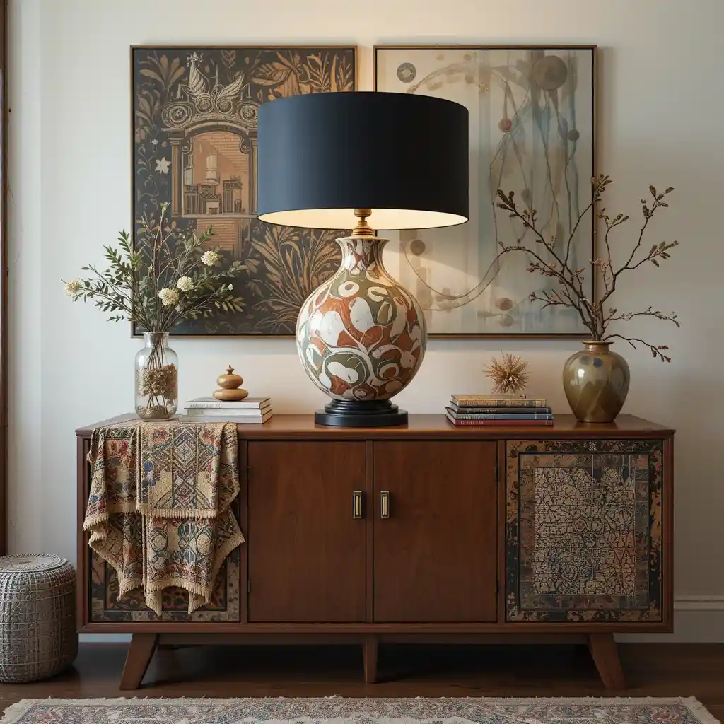 Sculptural Mid-Century Lamp with Vintage Textiles