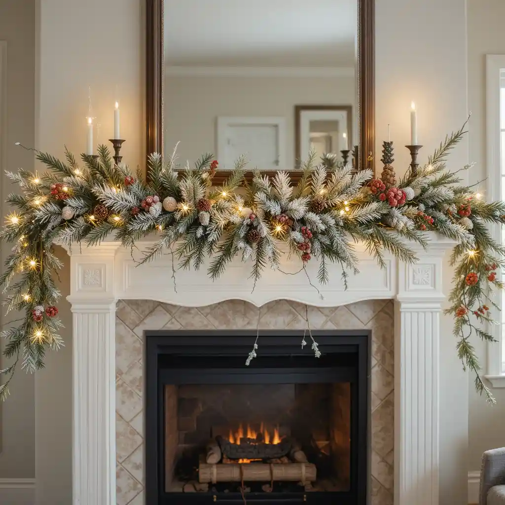 Snow-Dusted Garland on Mantels