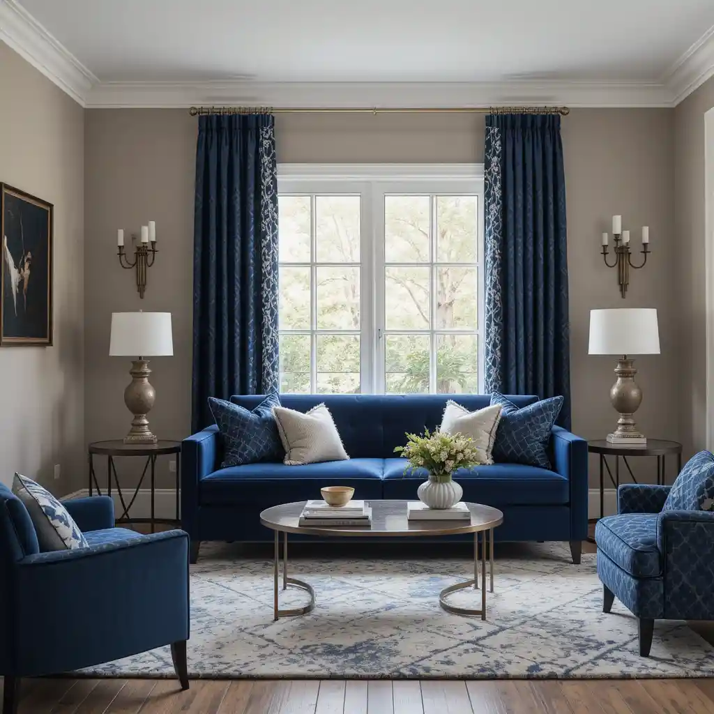 Soft Taupe Walls with Deep Blue Accents