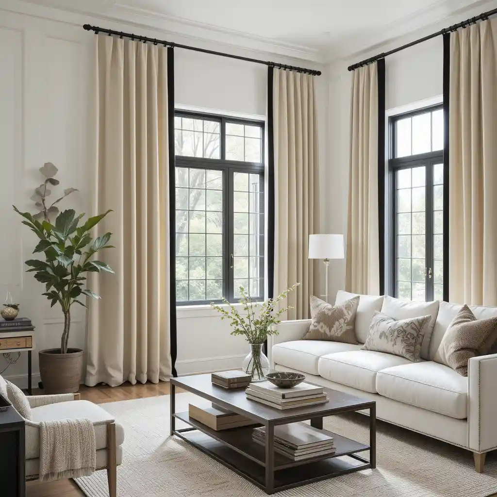 Soft and Airy Look with Beige Curtains and Black Trim