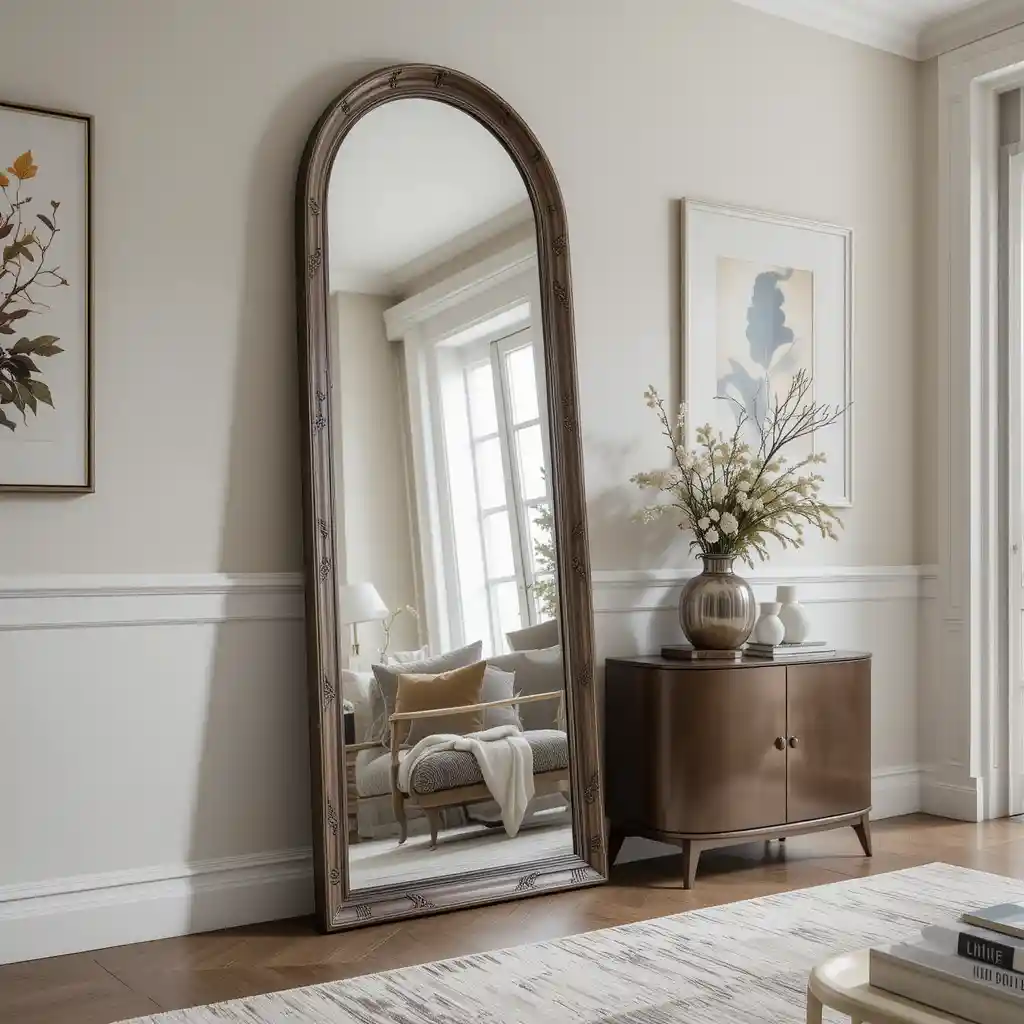 Statement Arched Floor Mirror with Sleek Console