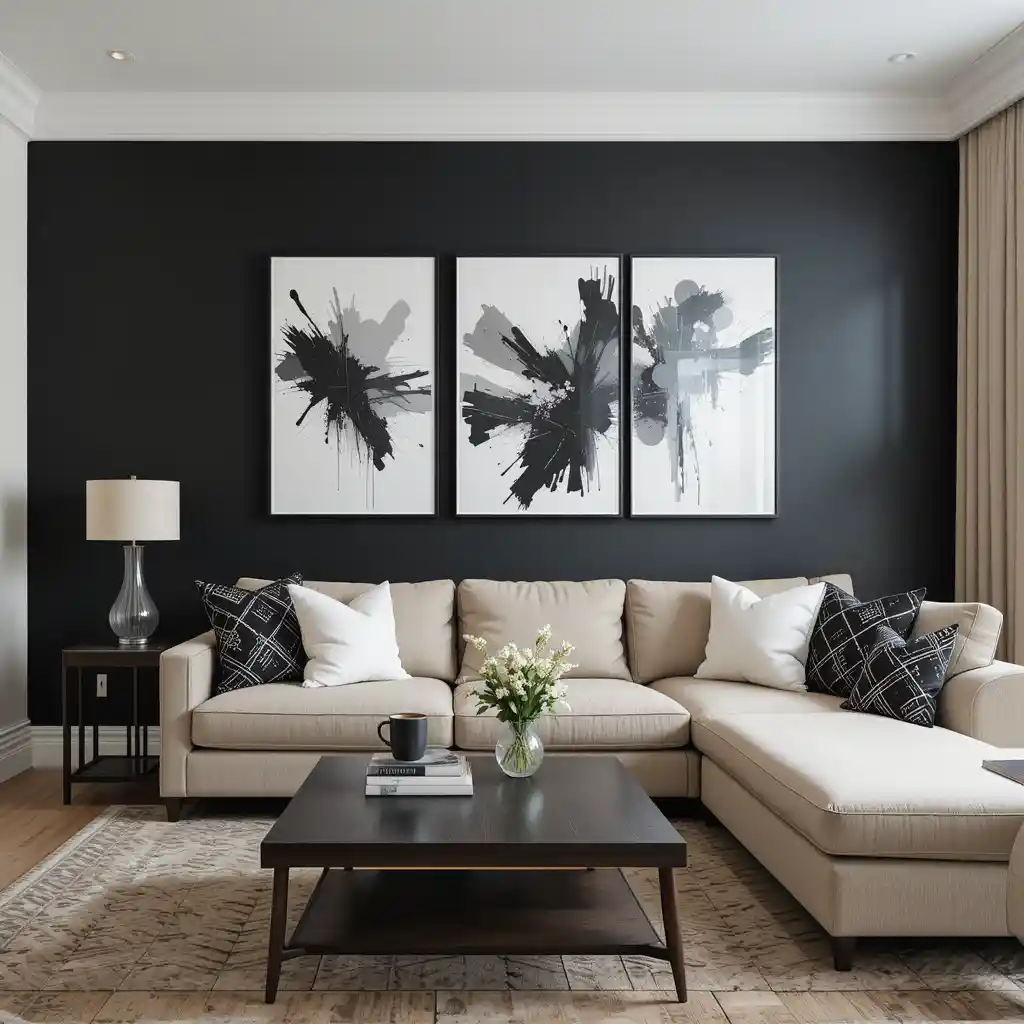 Striking Black Feature Wall with Beige Seating