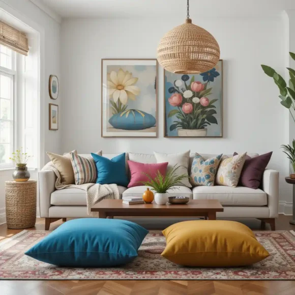 Tapered Leg Sofas with Eclectic Throw Pillows