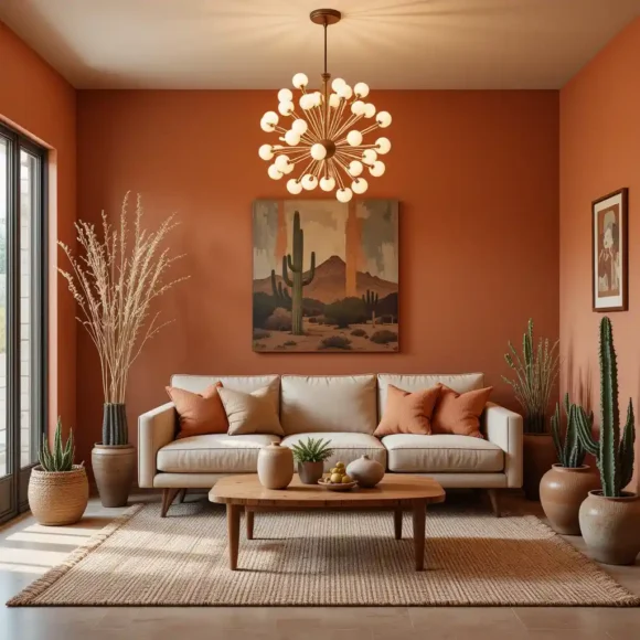 Terracotta Walls with Statement Lighting