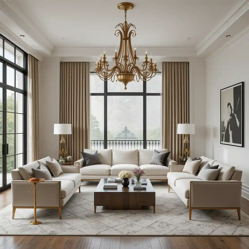 Vintage Brass Chandelier with Sleek Minimalist Furniture