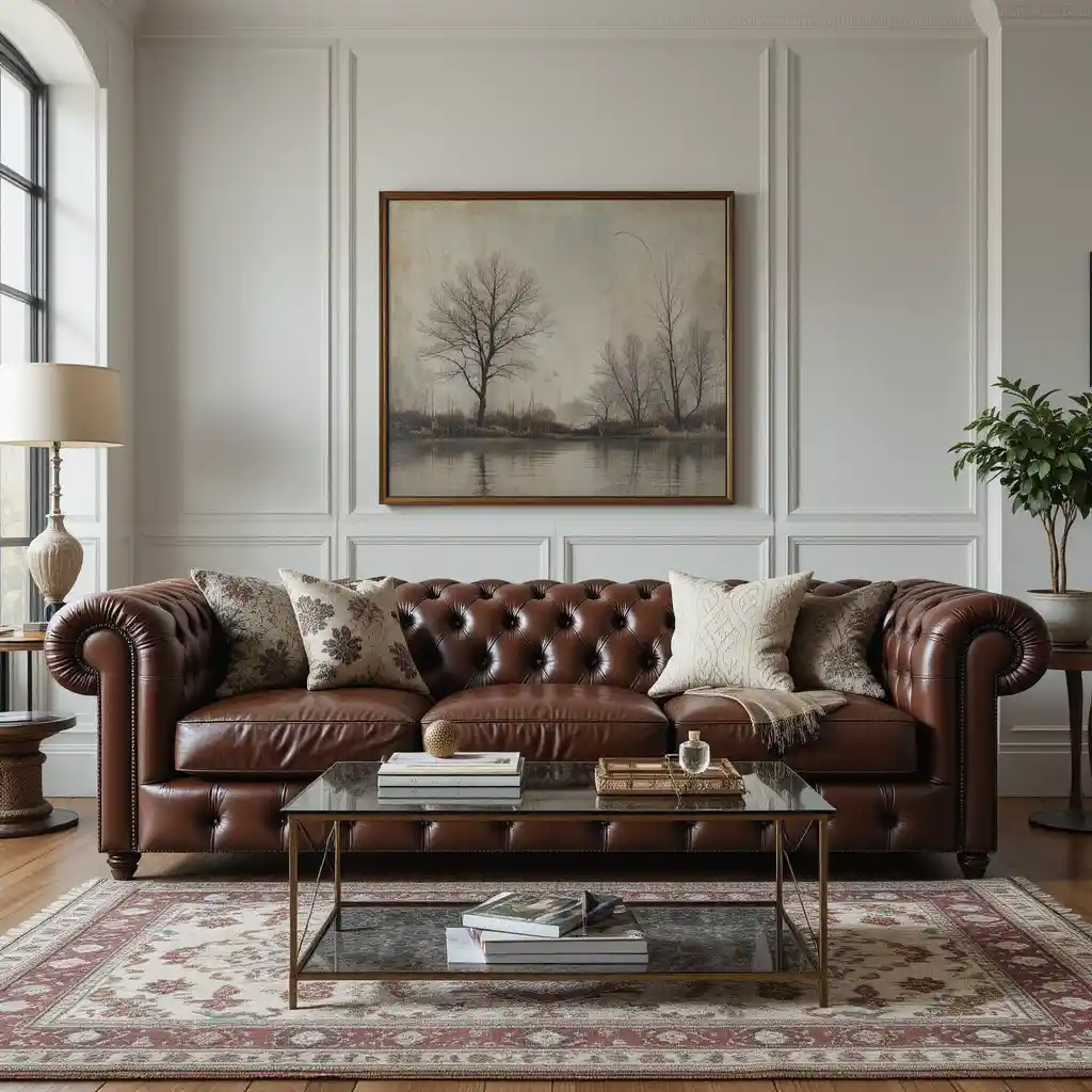 Worn Leather Chesterfield with Glass Coffee Table