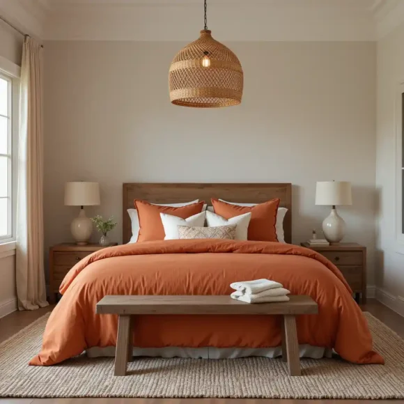 Burnt Orange Bedding With Woven Light Fixture