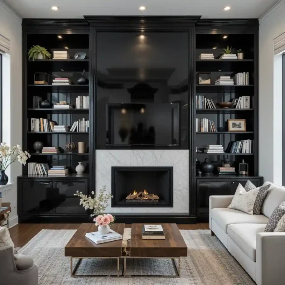 Glossy Black Built-In Bookshelves