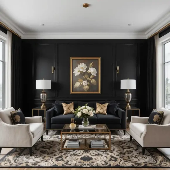 Small Black Living Room With Gold Touches