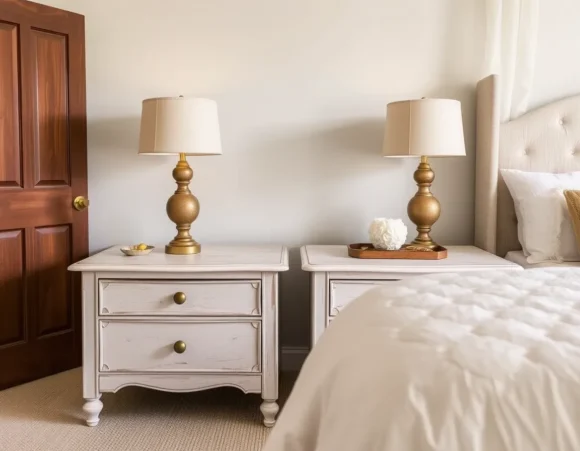 Distressed Wood Nightstands with Brass Knobs
