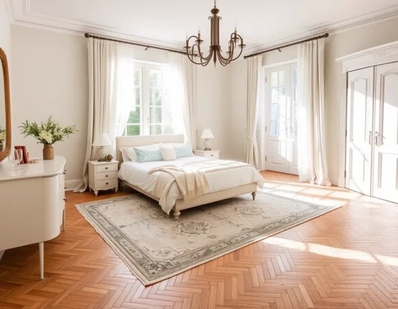 Herringbone Wood Floors with Soft Area Rug