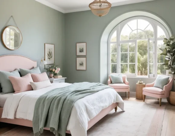 Modern French Country Bedroom Ideas Muted Pastel Color Palettes (Blush, Sage, Soft Blue) A serene bedroom with sage green walls, a soft blue throw on a white bed, and blush pink linen pillows, all under soft daylight from arched windows.