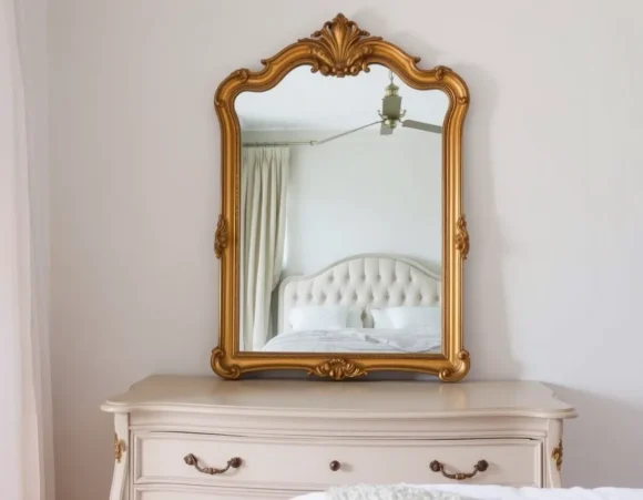 Ornate Gold or Aged Mirror Above Dresser