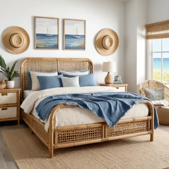 Rattan Bed with Denim Throw
