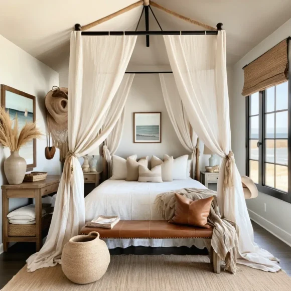 Sand-Toned Canopy Bed with Leather Bench