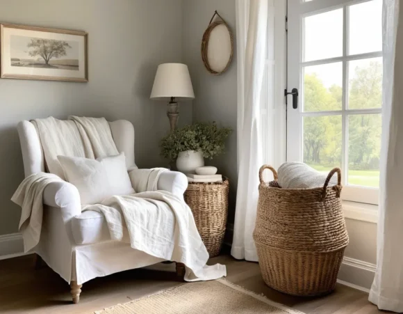 Slipcovered Chairs in Cozy Reading Corner