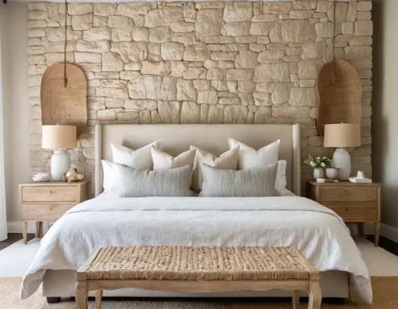 Stone Accent Wall Behind Bed